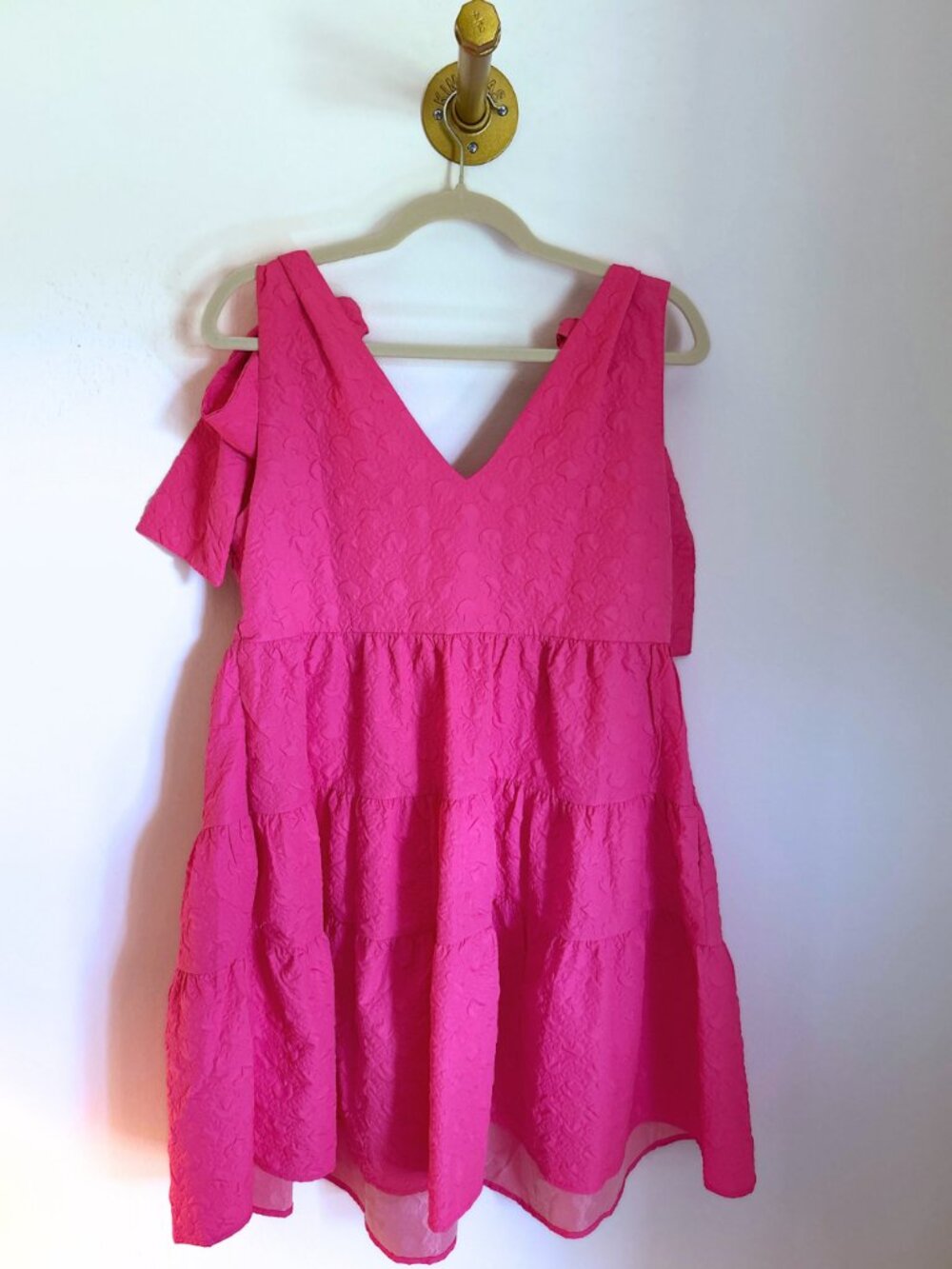 Ces Femme Hot Pink Bow Shoulder Dress 💖 | Textured Tiered Mini (L) - Picture 6 of 6